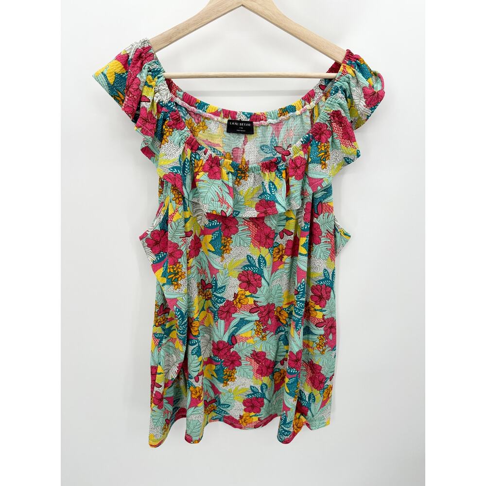 Lane Braynt Green Tropical Floral Print Ruffle Trim Top Women's Plus Size 34/36